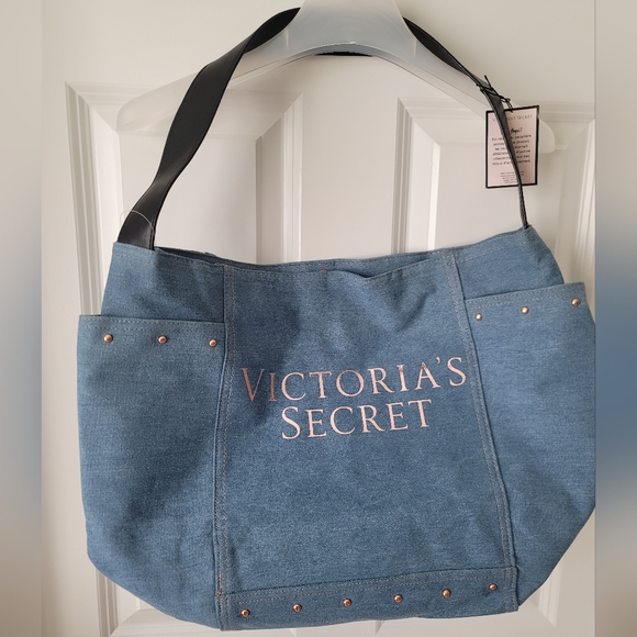 NWT Victoria's Secret Logo Denim Carryall Tote Bag Blue Studded - Picture 5 of 6